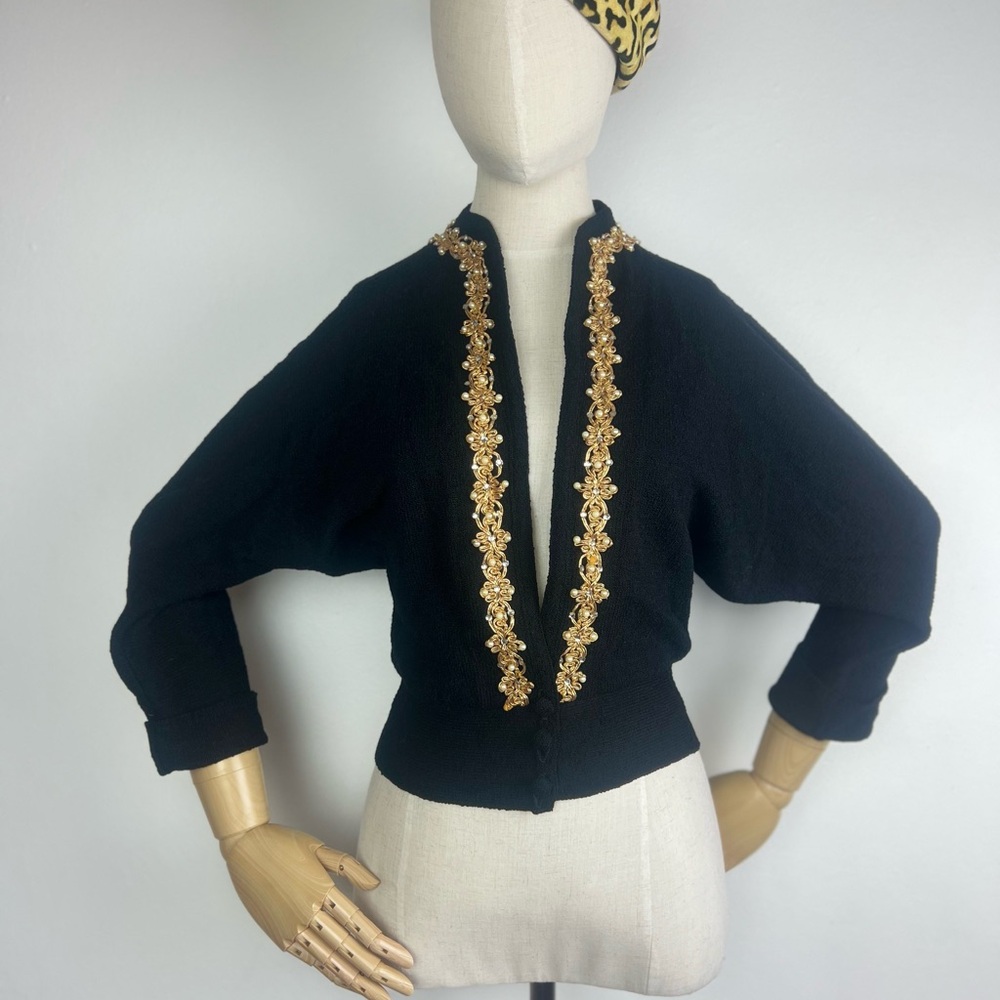 PINUP 1950’s 50s Vintage Retro Black Wool & Gold Chenille Cardigan Sweater S M